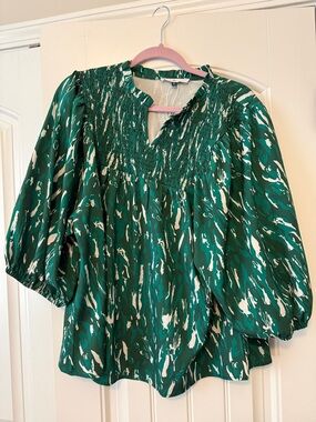 Smocked Green Print Peasant Blouse